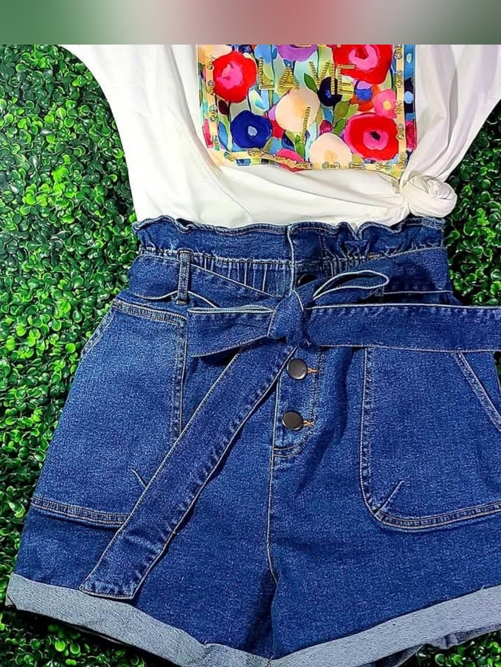 Paper Bag Denim Cuffed Shorts